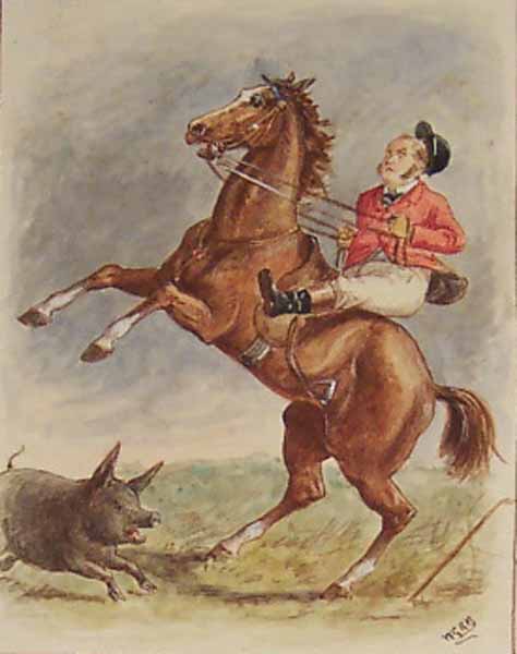 Huntsman and Horse Rearing before a Pig